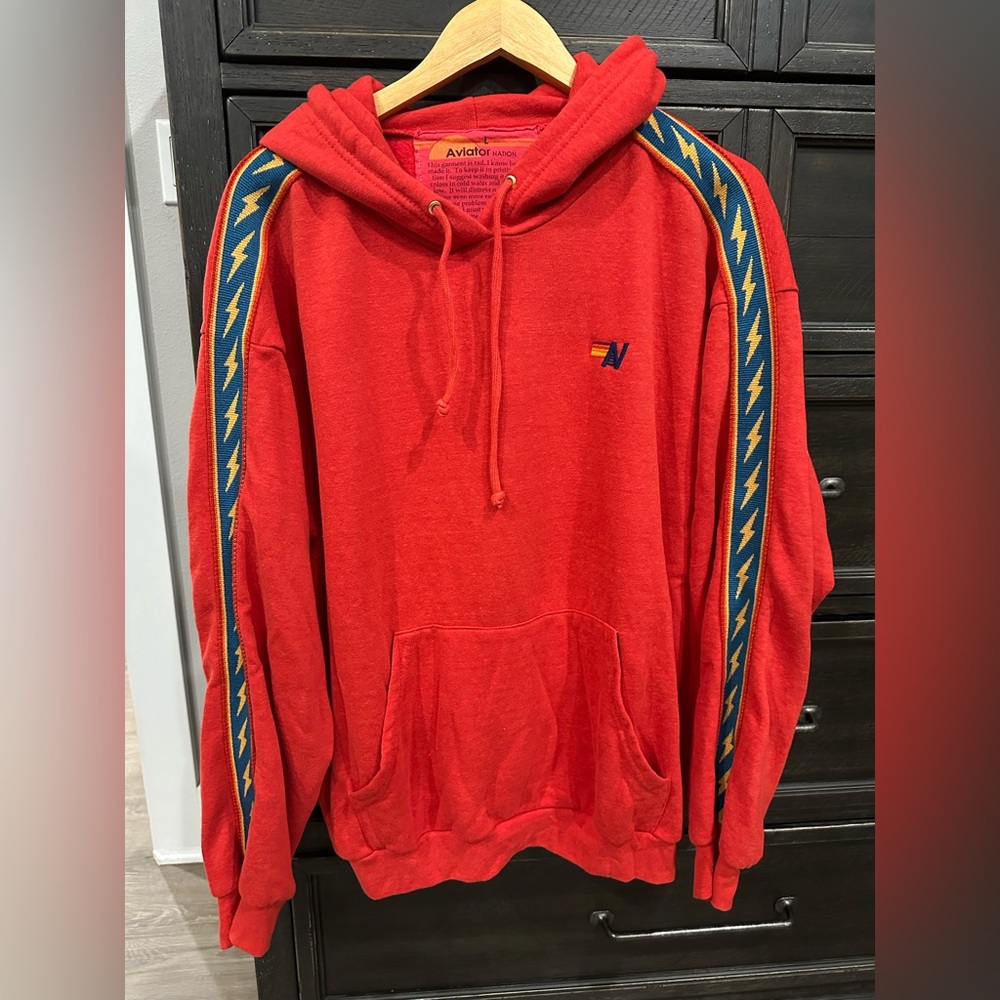 Aviator Nation Bolt Stripe Hoodie - Red. Size Large.